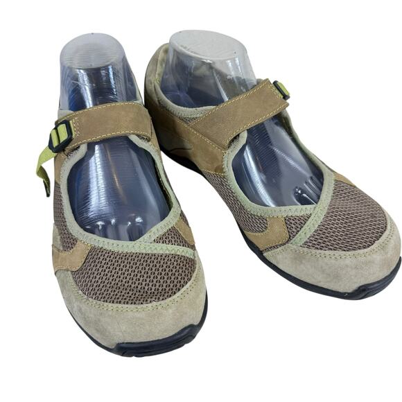 Ahnu Benicia Brown Tan Green Mesh Suede Leather Mary Jane Walking Shoes Size 10 - Picture 1 of 10